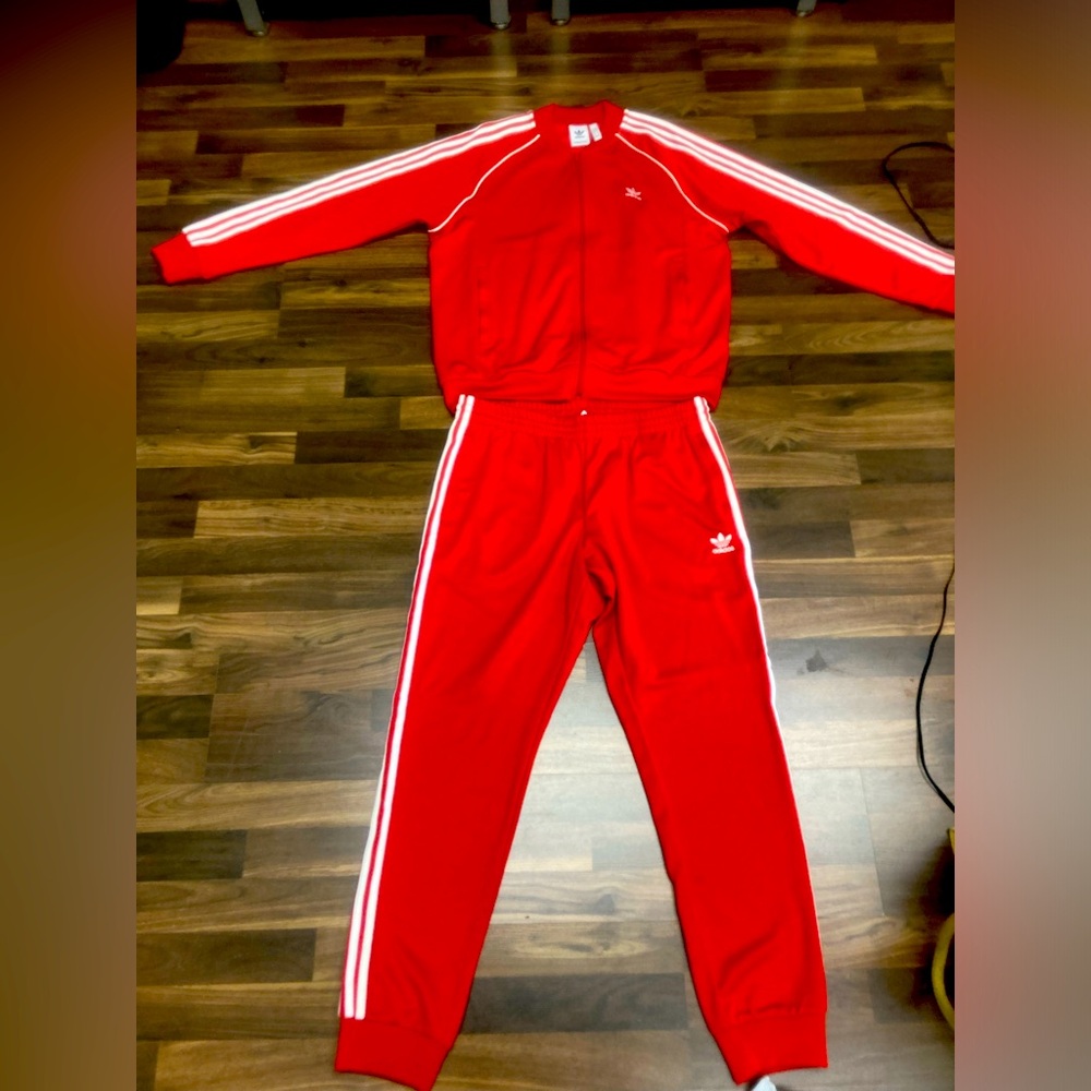 Adidas Red Tracksuit Top and Bottom, X Large
